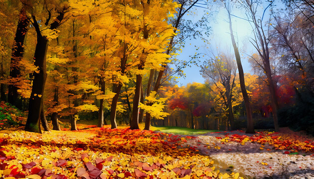 autumn in the forest, Autumn's Embrace: Sunlit Park and a Carpet of Leaves, AI Generated