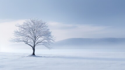 Fototapeta na wymiar a lone tree stands in the middle of a snowy field. generative ai