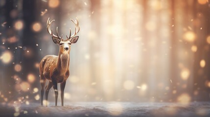  a deer standing in the middle of a forest with snow falling.  generative ai