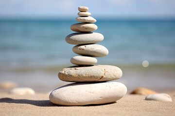 Fototapeta premium Stack of zen stones in harmony and balance with sea view