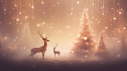  a deer and a deer standing in a snowy landscape with trees.  generative ai