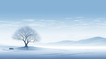  a lone tree in the middle of a snowy field with mountains in the background.  generative ai