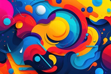 Vibrant abstract swirls of colors with dynamic shapes and luminous orbs on a dark canvas