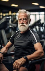 Fototapeta na wymiar Elderly man in gym attire seated in a modern fitness center