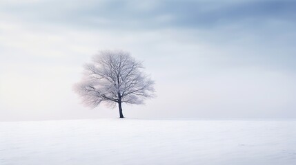 Fototapeta na wymiar a lone tree stands alone in a snowy field on a cloudy day. generative ai