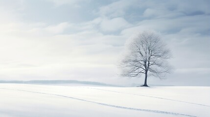  a lone tree stands alone in a snowy field with tracks in the snow.  generative ai