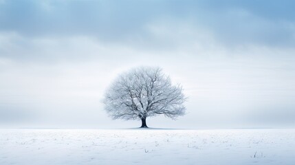 Fototapeta na wymiar a lone tree stands alone in a snow covered field under a cloudy sky. generative ai