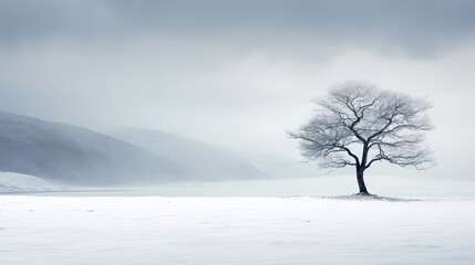  a lone tree stands alone in a snowy landscape with mountains in the background.  generative ai