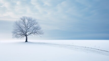  a lone tree stands alone in a snowy field under a cloudy sky.  generative ai