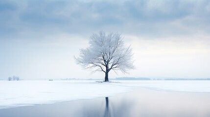 Fototapeta na wymiar a lone tree stands in the middle of a frozen lake. generative ai