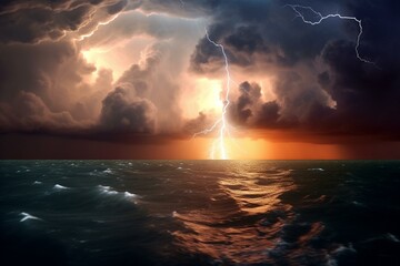 Powerful storm over the ocean with lightning. Generative AI