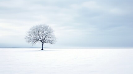  a lone tree stands alone in a snowy field with a sky background.  generative ai
