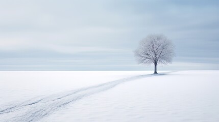  a lone tree in a snowy field with a trail leading to it.  generative ai