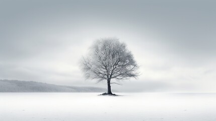 Fototapeta na wymiar a lone tree stands alone in a snowy field with a mountain in the background. generative ai