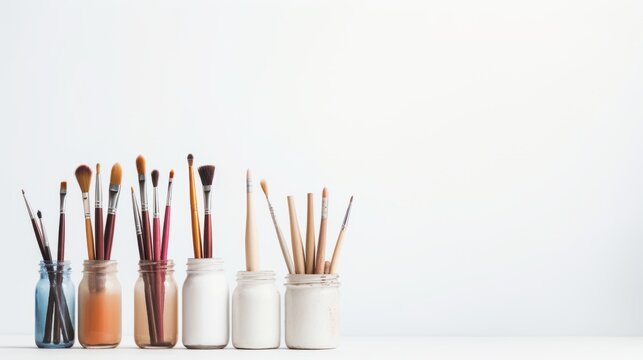 A collection of paint brushes in colorful glass jars on a white background. The image shows the variety and creativity of different brushes and paints.