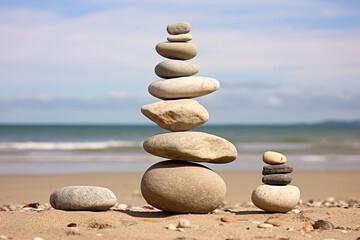 Fototapeta na wymiar Stack of zen stones in harmony and balance with sea view