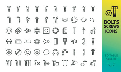 Screws, bolts and nuts isolated icons set. Set of fasteners, bolt, nut, twinfast screw, washer, plastic dowel, nail, metalware, metal construction hardware, rivet vector icon