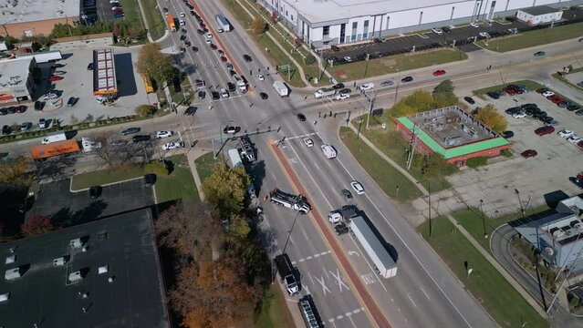 Drone shot of road accident with overturned truck blocking traffic. Naperville. IL. USA , November 15, 2022.
