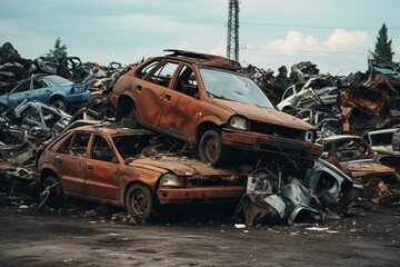 A heap of discarded vehicle remains at a recycling facility, comprising mostly iron. Includes waste from industries and households. Consists of ferrous scrap metal. Generative AI