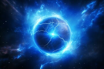 Vibrant backdrop with a radiant spheroid emitting blue lightning. Generative AI