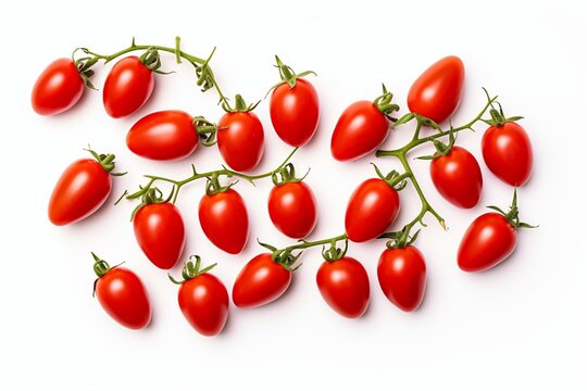 Isolated red cherry tomatoes on white background, seen from above. Generative AI