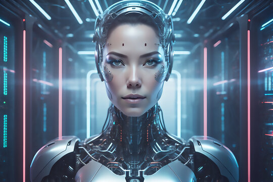 portrait of a cyborg woman in the space ship, robot, ai, technology