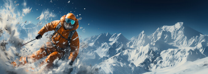 Fast descent from the mountains at high speed, adult skier skiing on a sunny day, raising snow dust
