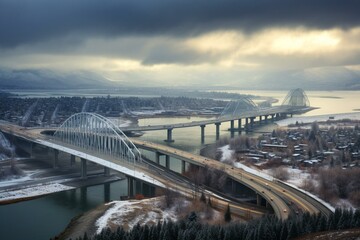 A time-lapse of bridges in Kamloops on a partially cloudy winter day. Generative AI