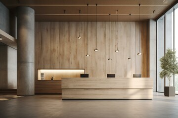 Simplified office reception with wood and concrete, resembling a hotel lobby. Rendered in 3D. Generative AI