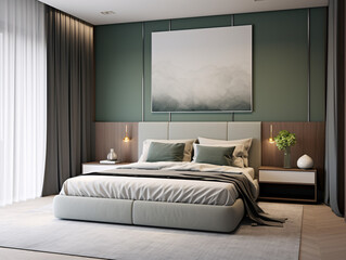 Interior design of japandi style bedroom.