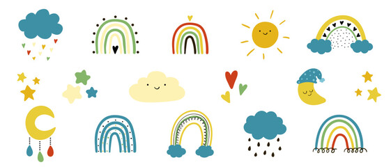 Vector hand drawn boho clipart for nursery decoration with cute rainbows and moon, sun, cloud, dream catcher. Doodle modern illustration. Perfect for baby shower, birthday, children's party