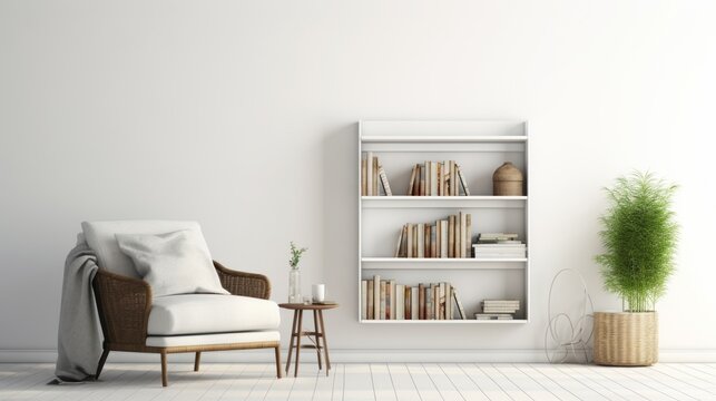 A modern and cozy living room with a white wall and wooden floor. The room features a white armchair with a gray throw blanket, a white bookshelf with books and decorations, and a tall potted plant.