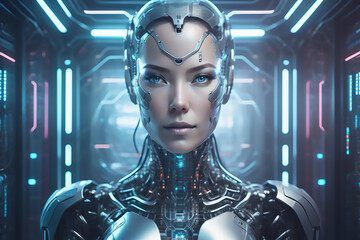portrait of a cyborg woman in the space ship, robot, ai, technology