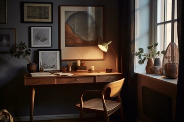 a workspace with a chair, framed images, a window, and a lit lamp, accompanied by a seat. Generative AI