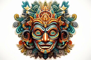 Ancient Mayan mask digital illustration isolated on white. Generative AI
