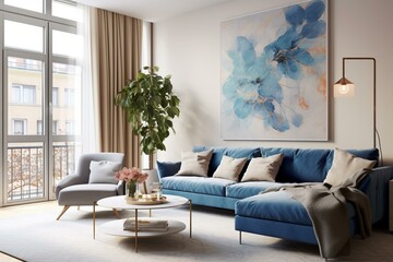 Modern cozy apartment with large windows, beige sofa, plant, blue wall, and artwork. Generative AI