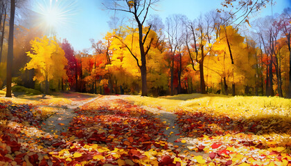 Fototapeta premium autumn in the forest, Golden Horizons: A Bright and Sunny Autumn Adventure, AI Generated