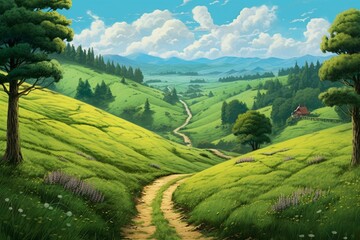 Fototapeta premium A road through a green field next to a wooded hillside. Generative AI
