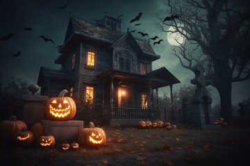 Spooky haunted house with lit pumpkins. Generative AI - obrazy, fototapety, plakaty