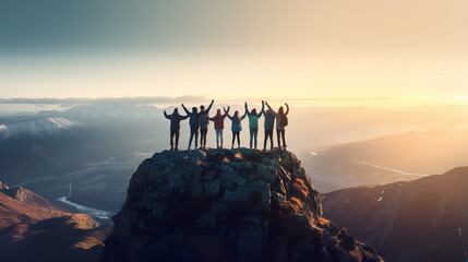 The idea of teamwork is illustrated as friends join hands near the mountain's peak - obrazy, fototapety, plakaty