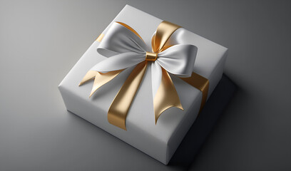 a white gift box with a gold bow and ribbon on a gray background with a gold ribbon around it and a gold ribbon around it.
