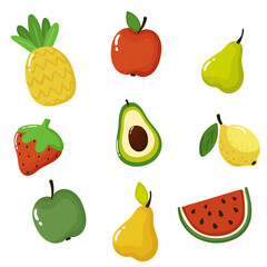 Set of vector  fruit icons. Bright and juicy hand drawn sticker pack. Healthy food, organic food, diet, vegetarianism and vitamins symbols