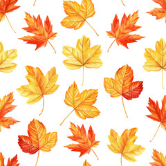 Fototapeta na wymiar Autumn Seamless pattern watercolor. Colorful maple leaves background. Background for textile, design, wallpaper.