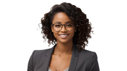 Portrait of beautiful African american bussines woman with glasses and curly hair isolated on transparent background 