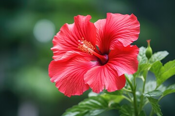 Red hibiscus flower on a green background. In the tropical garden.
