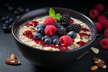 A bowl of oatmeal with berries and nuts. Generative AI