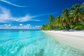Vibrant tropical Maldives island with stunning beach, sea, and palm trees beneath a clear blue sky. Perfect for a memorable vacation. Generative AI