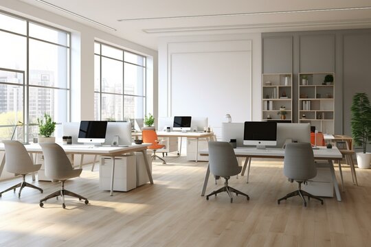 Front view coworking office with modern computers, white work tables, grey chairs, wooden parquet floor, light grey wall background. Generative AI