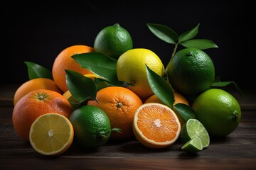 Various citrus fruits orange grapefruit lemon on wooden background