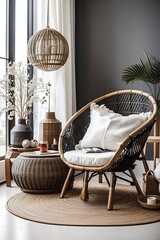 Dark, modern wicker chair in a white living room interior with a wooden bench and decorations made from natural materials. indoor
